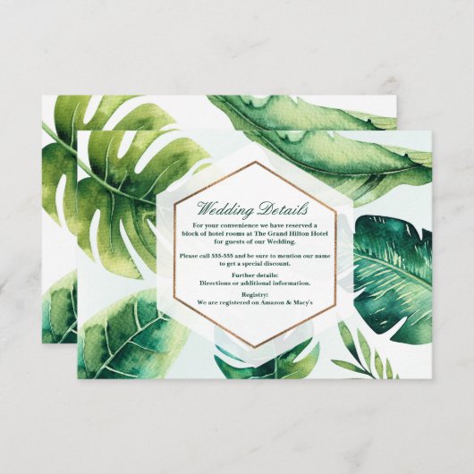 Groene tropische bladeren wit chique bruiloft deta informatiekaartje (Voorkant / Achterkant)