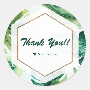 Groene tropische bladeren Witte elegante trouwcade Ronde Sticker
