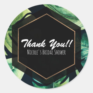Groene Tropische Bladeren Zwarte Elegante Trouwcad Ronde Sticker