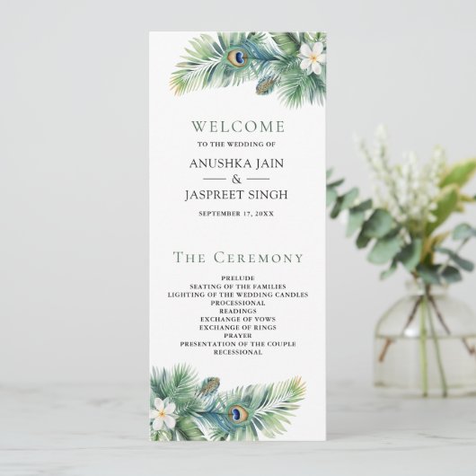 Groene tropische Indiase pauw veren bruiloft Programma (Staand voorkant)