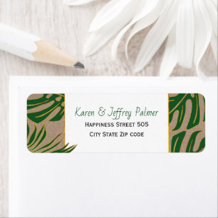 Groene tropische monstera palm verlaat rustige bru etiket