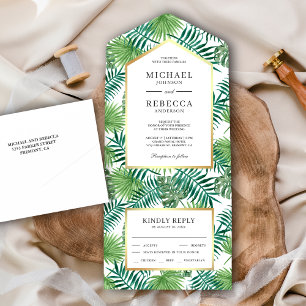 Groene Tropische Palm Leaves Wedding All In One Uitnodiging