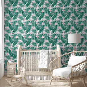 Groene Tropische Palmbladeren met Hibiscus Flowers Behang