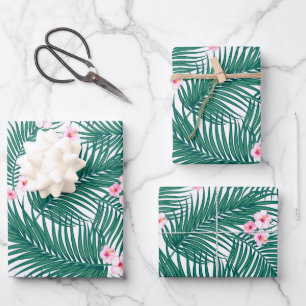Groene Tropische Palmbladeren met Hibiscus Flowers Inpakpapier Vel