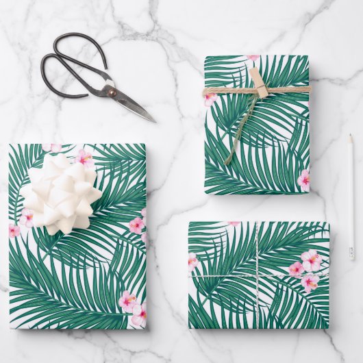 Groene Tropische Palmbladeren met Hibiscus Flowers Inpakpapier Vel (Voorkant)