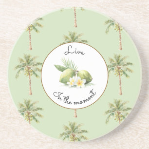 Groene Tropische Palmboom Plumeria Bloemen Limoene Zandsteen Onderzetter