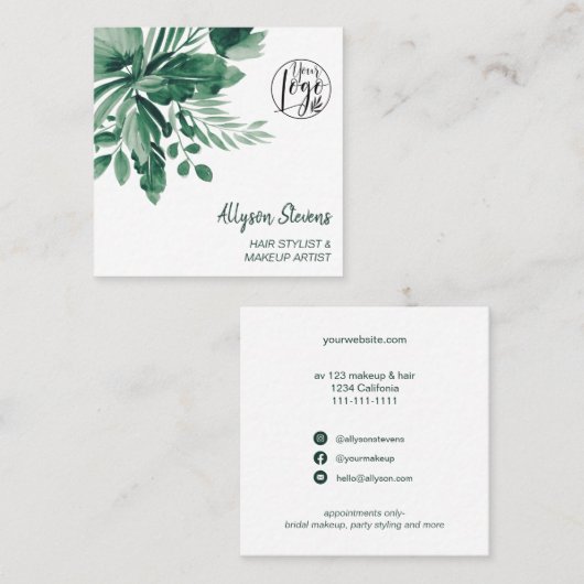 Groene tropische waterverf haar make-up logo vierkante visitekaartje (Voorkant / Achterkant)