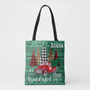 Groene trui rendier rode truck kerst draagtas