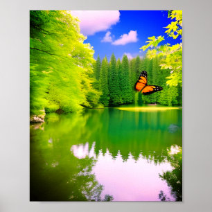 Groene tuin bruine vlinder meer vijver ai kunst poster