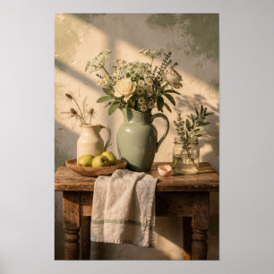 Groene vaas met madeliefjes en peren poster