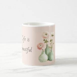 Groene Vaas Roze Ranunculus Bloemen Koffiemok