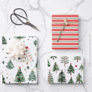 Groene vakantiestammen met rode strepen inpakpapier vel