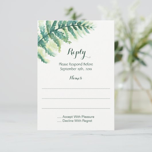 Groene varen aquarel antwoordkaarten RSVP kaartje (Staand voorkant)