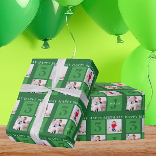 Groene Verjaardag Fotocollage Gepersonaliseerde Ki Cadeaupapier