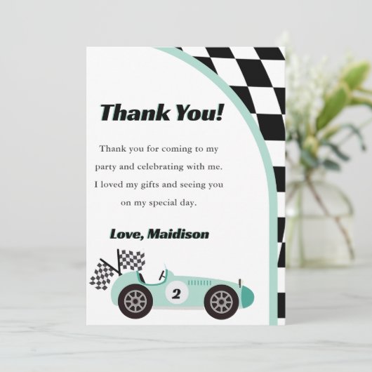 Groene verjaardagskaart bedankt voor raceauto-them kaart (Staand voorkant)