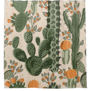 Groene vetplanten, oranje bloemen, strandbehang. douchegordijn