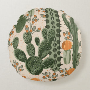 Groene vetplanten, oranje bloemen, strandbehang. rond kussen