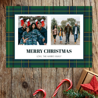 Groene Vintage Kerstkaart met Plaid en Twee Foto's