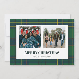 Groene Vintage Kerstkaart met Plaid en Twee Foto's