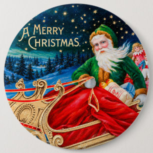 Groene Vintage Kerstman slee met sterrenhemel Ronde Button 6,0 Cm