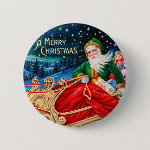 Groene Vintage Kerstman slee van een sterrenhemel Ronde Button 5,7 Cm