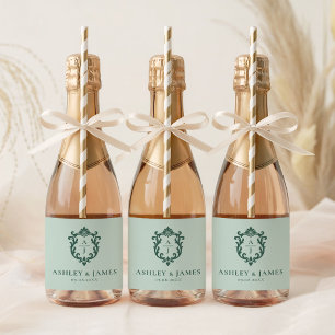 Groene Vintage Sierlijke Wapen Huwelijk Sparkling Wijnetiket
