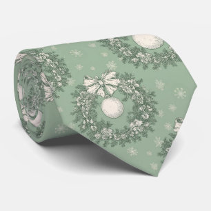 Groene Vintage Toile Kerstkrans (1) Stropdas