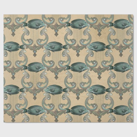 Groene vis en zwaardvis op tan cadeaupapier (Vlak)