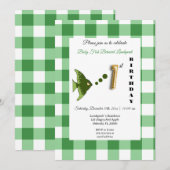 Groene Vis & Gingham Gouden Ballon 1e Verjaardag Kaart (Voorkant / Achterkant)