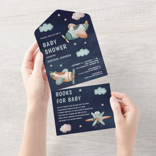 Groene Vliegtuigen Navy Blue Baby shower All In One Uitnodiging (Afscheurbaar)