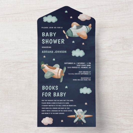 Groene Vliegtuigen Navy Blue Baby shower All In One Uitnodiging (Binnen)