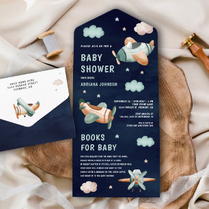 Groene Vliegtuigen Navy Blue Baby shower All In One Uitnodiging