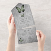 Groene vlinder Damask bruiloft All In One Uitnodiging (Afscheurbaar)