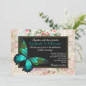 Groene vlinder op een collage bruiloft kaart (Staand voorkant)