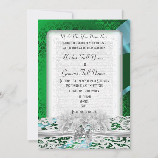 Groene vocht met witte palmmonogram bruiloft kaart (Voorkant)