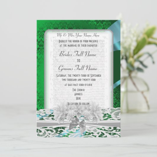 Groene vocht met witte palmmonogram bruiloft kaart (Staand voorkant)