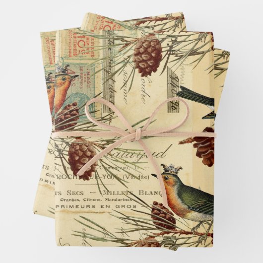 groene vogels en pijnbomen inpakpapier vel (In situ)