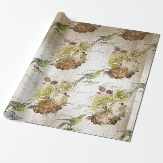  groene vogels en Rozen Cadeaupapier (Uitgerold)