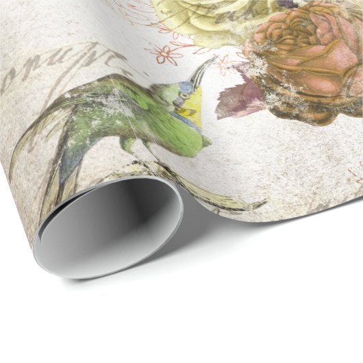  groene vogels en Rozen Cadeaupapier (Rol Hoek)