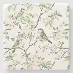 Groene Vogels Witte Bloemen Boom Stenen Onderzetter