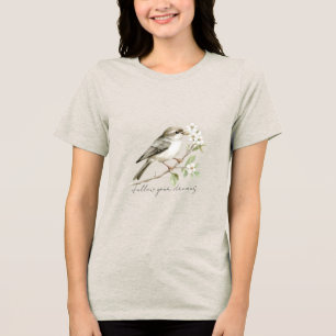 Groene Vogels Witte Bloemen Boom Volg Je Dromen Tri-Blend Shirt