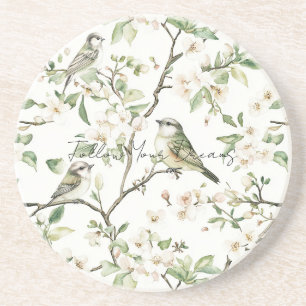 Groene Vogels Witte Bloemen Boom Zandsteen Onderzetter