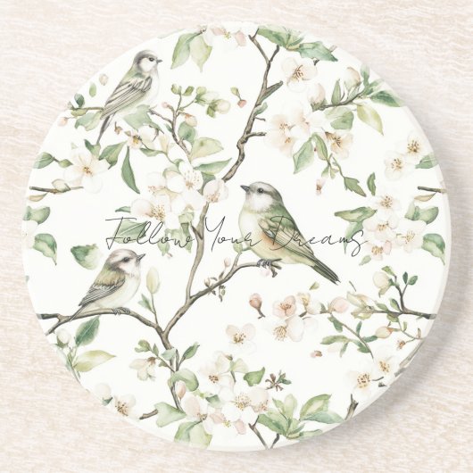 Groene Vogels Witte Bloemen Boom Zandsteen Onderzetter (Voorkant)