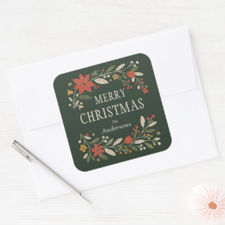 Groene Volkse Bloemige Prettig Kerstfeest Vierkante Sticker