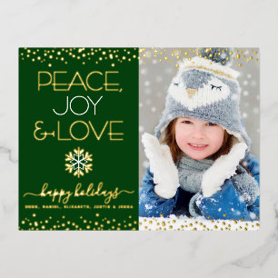 Groene Vrede Vreugde Liefde Foto Sneeuwvlok Echt G Folie Feestdagen Briefkaart