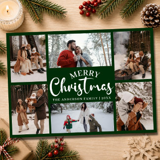 Groene vrolijke kerst familie fotocollage feestdagenkaart