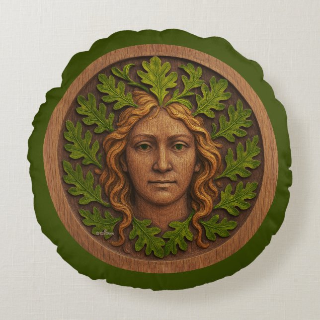 Groene vrouw - Hout Rond Kussen (Voorkant)