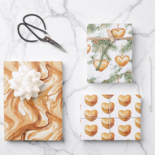 Groene Warme Crème Karamel Hartjes Kerstboom Inpakpapier Vel
