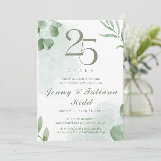 Groene Waterverf bladeren 25e bruiloft Jubileum Kaart (Staand voorkant)