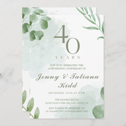 Groene Waterverf bladeren 40e bruiloft Jubileum Kaart (Voorkant / Achterkant)